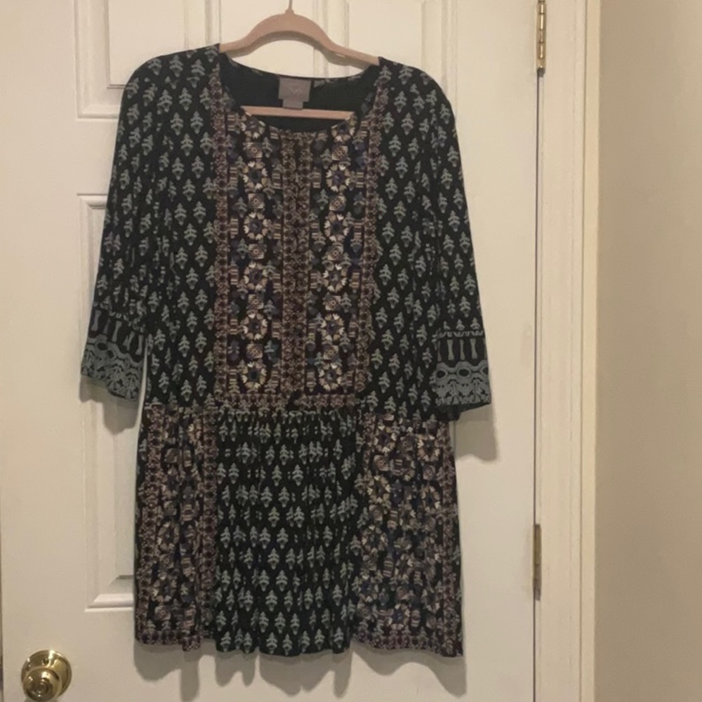 Anthropologie Black and Blue Patterned Mini Dress